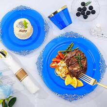 350PCS Gold Plastic Plates 50 Guests, Disposable Dinnerware Sets Include Gold Rim Plastic Plates, 50 Silverwares, 50 Cups, And 50 Pre Rolled Napkins Party, Wedding, Graduation - Clear Blue + 50 Guests Set - View 6
