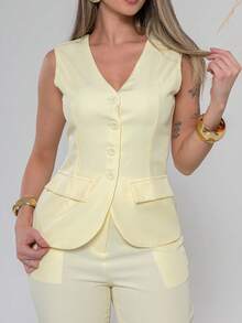 Elegant Plain Vest And Trousers Set C3302 - Light Yellow - View 7