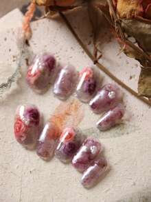 10pcs Acrylic Press On Nails Purple Halation Rose Short Nails Fake Nails Artificial Nails Kit Includes 1sheet Adhesive Tabs &1 Pc Mini File - Multicolor - View 2