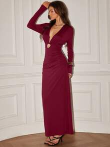Women's Elegant Sexy Simple Slim Deep V Neck Metal Buckle Waist Hip Solid Color Knitted Minimalist Burgundy Party Fashion Dresses, Fall Winter - Burgundy - View 4