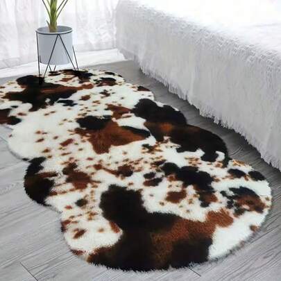 1 pieza Alfombra de peluche de piel de vaca falsa asimétrica, alfombra de peluche de piel de vaca falsa de lujo nórdica, tamaño asimétrico, error de recorte de 1-5 cm, alfombra decorativa, decoración de dormitorio, alfombra pequeña, alfombra, decoración del hogar, alfombra de sala de estar, alfombra pequeña de sala de estar, alfombra de dormitorio, decoración del hogar de sala de estar, alfombra de exterior, alfombra lavable, alfombra de felpa, alfombra mullida, alfombra de otoño/invierno, gruesa/mullida