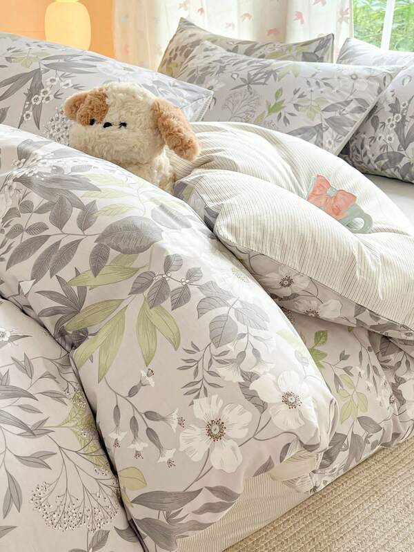 Juego de ropa de cama floral de 3 piezas 100% algodón, incluye 2 fundas de almohada + 1 edredón, acogedor dormitorio