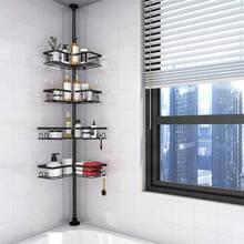 4-Layer Shower Storage Rack, Tension Bar Shower Storage Rack, 4-Layer Adjustable Shower Storage Rack, Easy To Install Without Drilling Holes, Black Floor Vertical Corner Rack, Suitable For Bathtub Shampoo Accessories, Bathroom Storage And Storage - Black - View 9