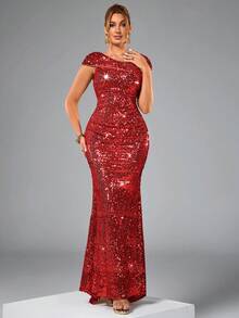 CHOSMO 新款亮片婚纱，修身高腰正式礼服，优雅露背开衩长裙，春季派对礼服 - 紅色 - 查看 6