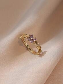 1枚女童可调节紫色四叶草锆石戒指，精致优雅