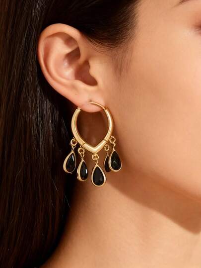 2 piezas Pendientes elegantes de gota de agua con cristal negro y piedra de ojo de gato, accesorios versátiles y elegantes de lujo para fiestas, reuniones y atuendos de gala