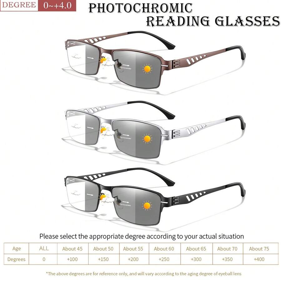 Óculos de leitura clássicos com mudança de cor (3 unidades), lentes com filtro de luz azul, ideais para pessoas de meia-idade e idosos lerem livros, jornais e usarem celulares. Unissex. - RC1/2/3 Multicolor - Ver 1