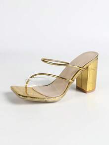 女士金色尖头粗跟透明绑带性感高跟凉鞋，柔软皮革，修身显瘦，舒适百搭，时尚百搭，春夏穿搭之选 - 金色 - 查看 6