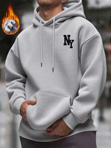 男士 NY Element 印花保暖连帽衫，街头风，秋冬季长袖上衣 - 灰色 - 查看 3