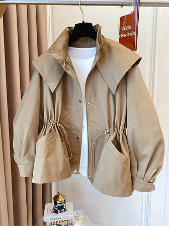 ii 女士纯色优雅休闲拉链连帽风衣