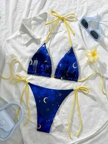 2025 European & American Women's New Starry Night Print Bikini 2 Pieces Set Vacation Beach - Multicolor - View 2