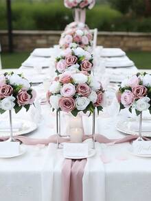 2 Packs Artificial Flower Ball Arrangement Bouquet, 15 Heads Plastic Roses With Base, Suitable For Wedding Centerpiece Flower Rack For Parties Valentine's Day Home Decor - 淺粉 - 查看 4