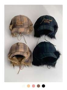 格子羊羔绒棒球帽，复古美式格子图案字母刺绣，保暖内衬带耳罩，秋冬季保暖飞行员帽