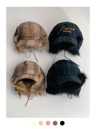 Plaid Sherpa Baseball Cap, Retro American Style Plaid Pattern Letter Embroidery, Thermal Lined Warm Earmuffs, Warm Trapper Hat For Autumn/Winter