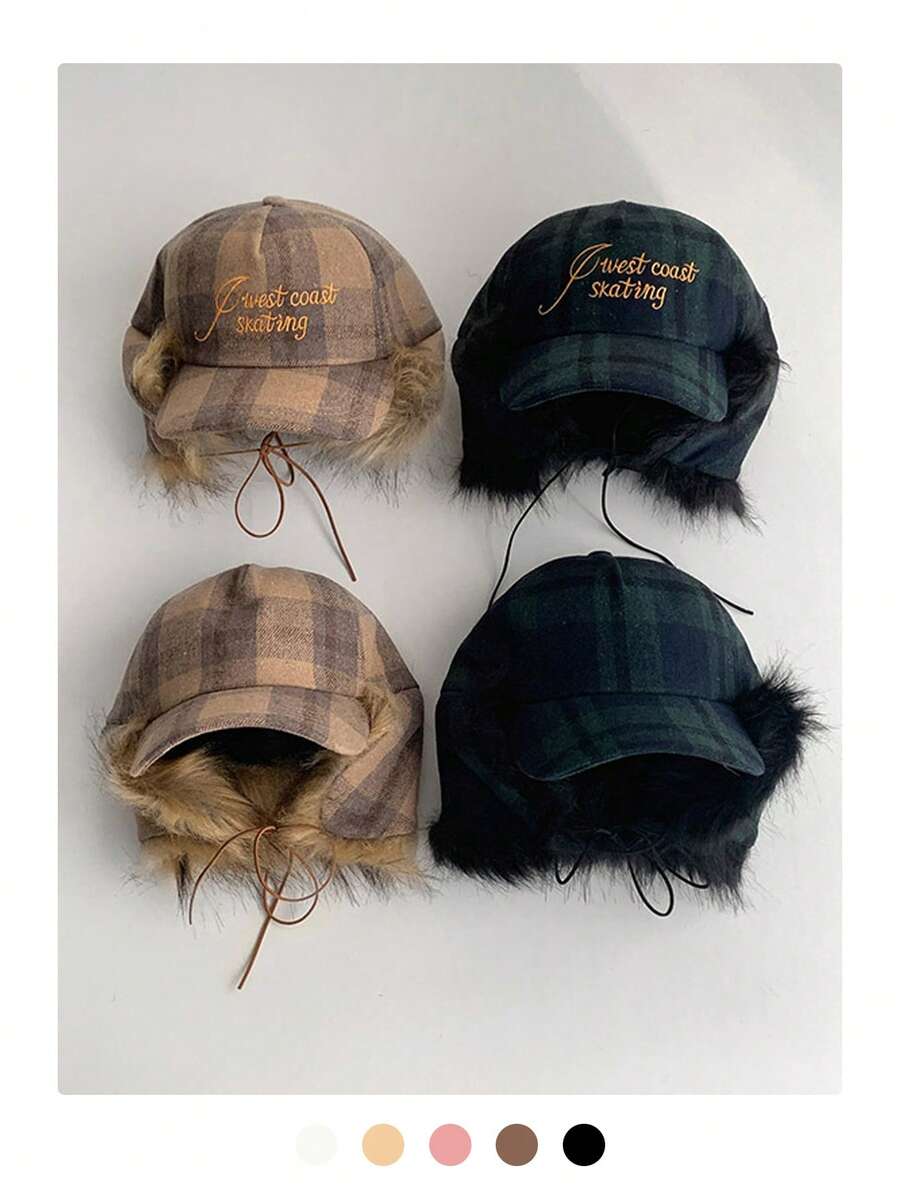 格子羊羔绒棒球帽，复古美式格子图案字母刺绣，保暖内衬带耳罩，秋冬季保暖飞行员帽