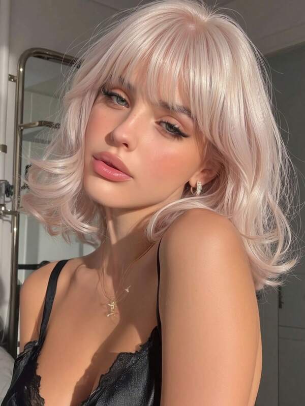 12-Inch Short Mullet Head Wigs With Bangs Synthetic Straight Women Baby Pink Short Hair Wig For Daily Party Cosplay