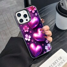Colorful Silver Apple Phone CasePink Hearts And Flowers On Purple BackgroundCompatible With  11 To  17 Models The Cases Lens Protection Function Ensures The Camera Remains Undamaged During Shooting  Guaranteeing Image Quality - Black - View 2