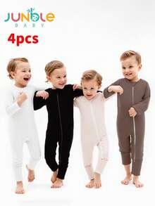 JUNBLEBABY 4pcs  Bamboo Fiber Ribbed Zipper Jumpsuit, Soft, Breathable, Skin-Friendly, High Elasticity, Solid Color Combination, Long Sleeve Bodysuit And Long Pants With Double-Headed Zipper (With Removable Sleeve And Foot Covers) - 彩色 - 查看 1
