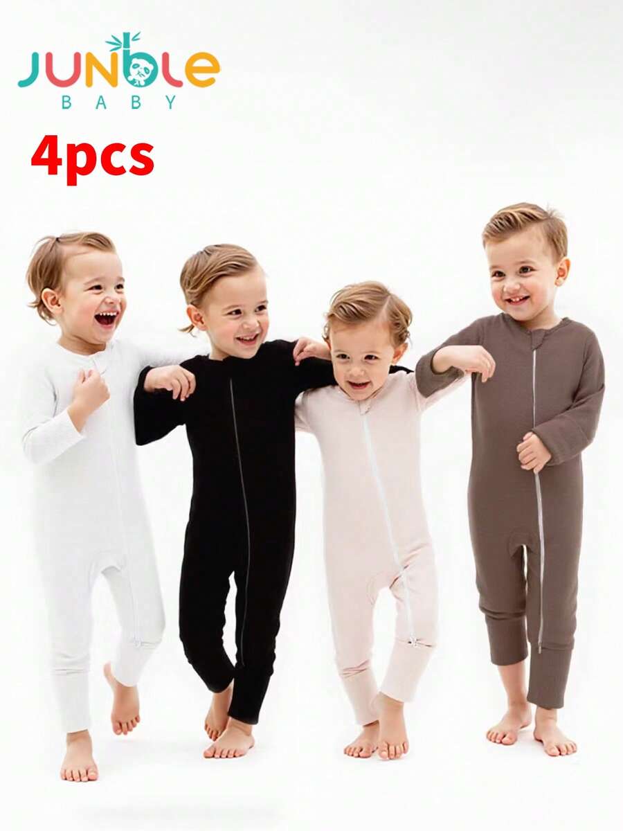 JUNBLEBABY 4pcs Bamboo Fiber Ribbed Zipper Jumpsuit, Soft, Breathable, Skin-Friendly, High Elasticity, Solid Color Combination, Long Sleeve Bodysuit And Long Pants With Double-Headed Zipper (With Removable Sleeve And Foot Covers) - 彩色 - 查看 1