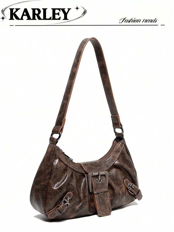 1pc Vintage Distressed Leather Motorcycle Bag, Decorated With Rivets And Buckles, Soft Texture, Folding Details, Cloud Shape, Can Be Worn As Shoulder Or Crossbody, Suitable For Work, Commute, Dates And Parties