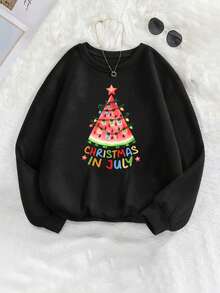 Mujer004 Sudadera de cuello redondo para mujer invierno sudadera de manga larga cómoda suave Camisa negra con diseño único de una piña de sandía como árbol de navidad con luces y el texto "CHRISTMAS IN JULY" que destaca por su originalidad y su encanto festivo - Negro - Ver 1