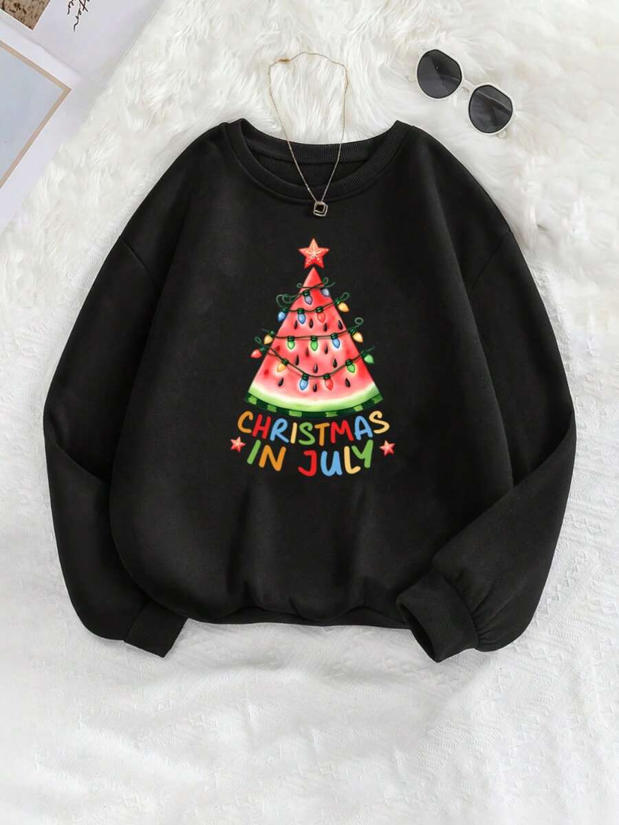 Mujer004 Sudadera de cuello redondo para mujer invierno sudadera de manga larga cómoda suave Camisa negra con diseño único de una piña de sandía como árbol de navidad con luces y el texto "CHRISTMAS IN JULY" que destaca por su originalidad y su encanto festivo - Negro - Ver 1