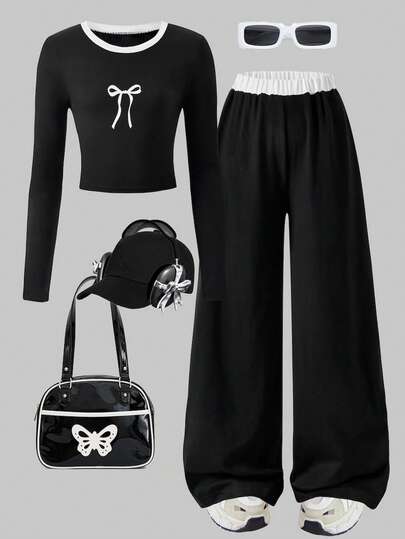 Conjunto de 2 piezas para niñas en primavera y otoño e invierno, de moda y casual, con Top de manga larga con cuello redondo y estampado de lazo simple y pantalón deportivo de pierna recta suelto, adecuado para la escuela, actividades al aire libre y uso diario