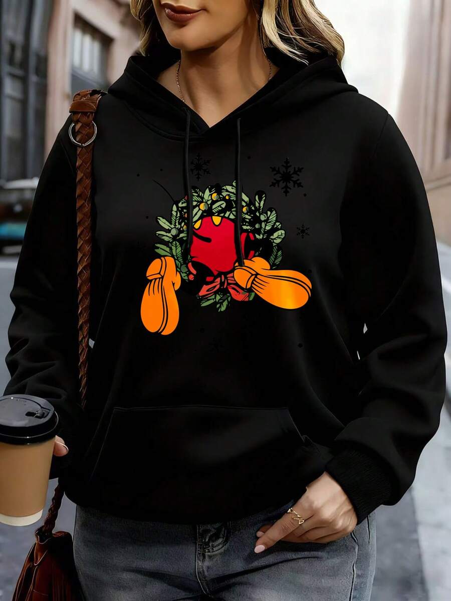 Disney Women Hoodie White Mickey Mouse Christmas Wreath Snowflake Print Casual Winter Outwear - 黑色 - 查看 1