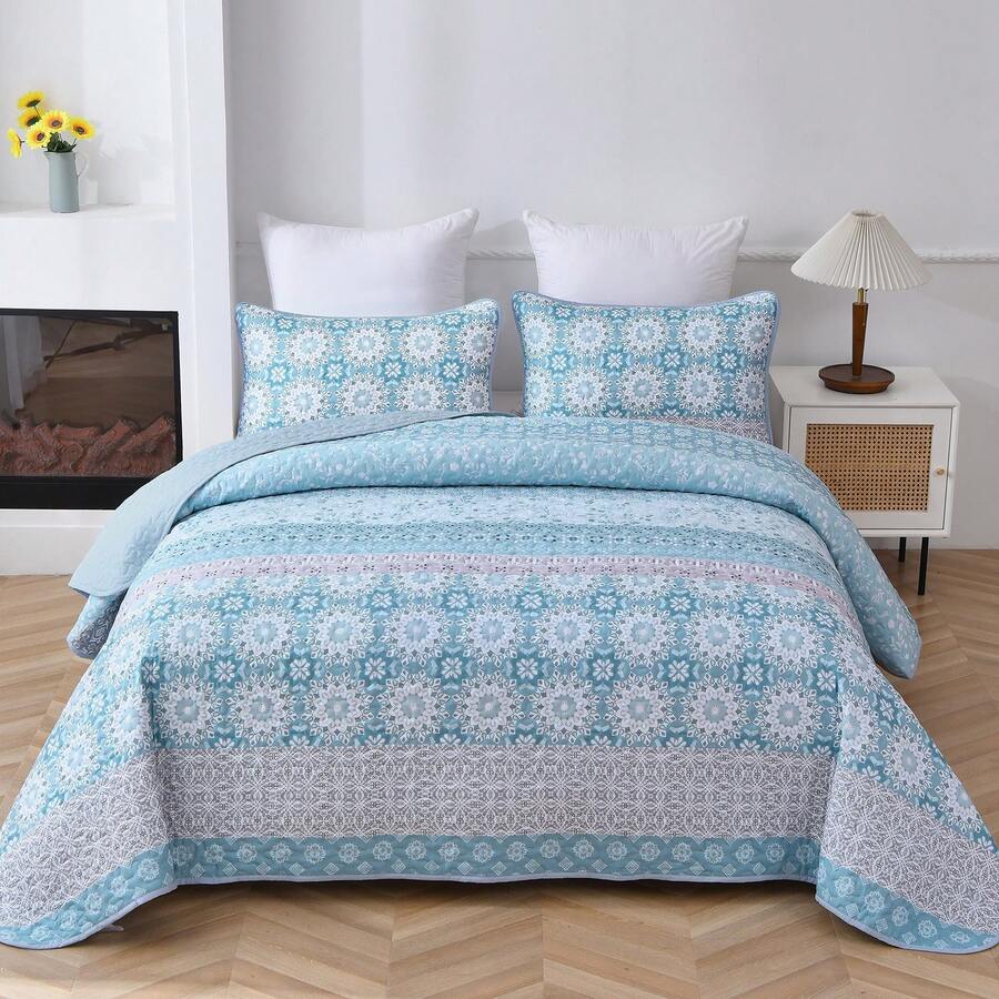 3 Pcs Soft Striped Bedspread Quilted Coverlet Set Double Queen King Size Bedding Sets (1 Quilt + 2 Pillow Cases), Fashion Floral Plaid Boho Design, Fresh & Minimalist, Comfortable Soft Breathable, Suitable For Wedding Items, Valentines Day Home Bed Room Decor, Mothers Day Gift, All Season - xanh03 - Xem 1