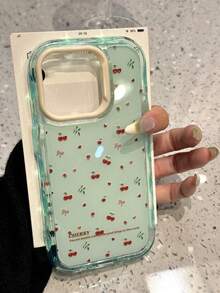 可爱樱桃时尚撞色波浪果冻手机壳，兼容 17 Pro Max、17 Pro、17 Air、16 Pro Max、14 Pro、13、12、15 Plus、11，柔软皂面背壳设计，春季生日派对礼物 - 綠底櫻桃 - 查看 3
