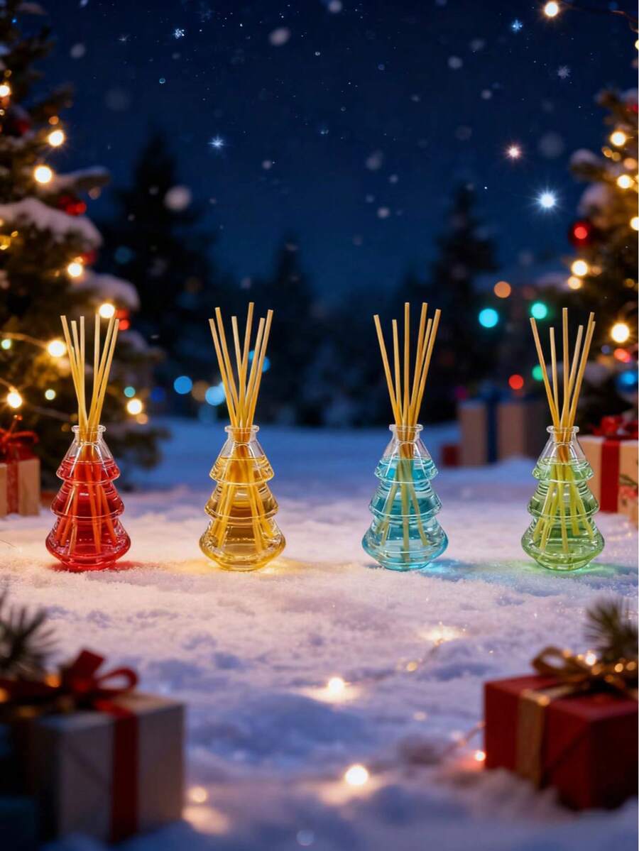 Aromaterapia Livre de Fogo de Natal, com formato de árvore de Natal, oferece uma variedade de fragrâncias para escolher, servindo tanto como um difusor de aromas quanto como um elemento decorativo. É adequado para fragrâncias domésticas, purificação do ar e decorações de feriados. A cor e a quantidade de vime são aleatórias.