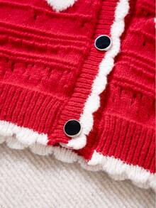 Girls' Heart Pattern Button Front Cardigan - Red - View 6