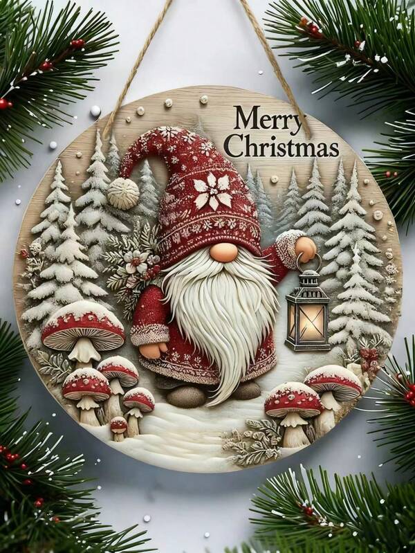 Christmas Gnome Wooden Hanging Sign - Round Holiday Door Ornament, Wall Mountable, Suitable For Home, Patio, Living Room, Bedroom As Festive Welcome Decoration, A Great Holiday Gift