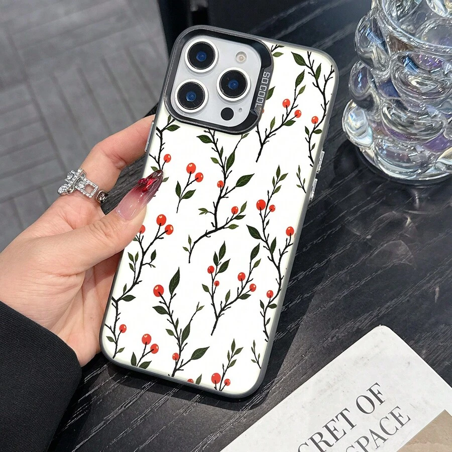 Colorful Silver Apple Phone CaseSeamless Pattern Of Branches With Red BerriesCompatible With 11 To 17 Models The Cases Lens Protection Function Ensures The Camera Remains Undamaged During Shooting Guaranteeing Image Quality - Black - View 1