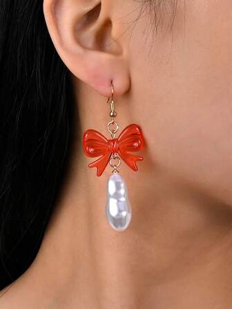 1对时尚巴洛克不规则仿珍珠蝴蝶结耳环，优雅耳环，适合女性日常、派对和所有季节佩戴