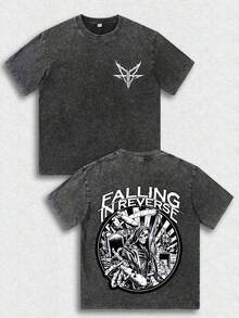 1pcMen's Retro Vintage Double-Sided Printed T-Shirt, Falling In Reverse Band Death God Pattern, Rock TopSummer Clothing Tops - màu đen - Xem 1
