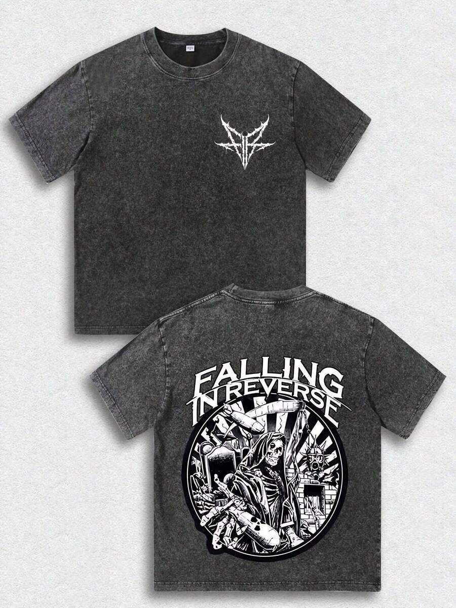 1pcMen's Retro Vintage Double-Sided Printed T-Shirt, Falling In Reverse Band Death God Pattern, Rock TopSummer Clothing Tops - màu đen - Xem 1