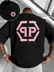 Camiseta negra PP Plein con estampado de letras, primavera, cuello redondo, corte holgado, estilo casual, estampado gráfico único, estampado a doble cara - Negro - Ver 1