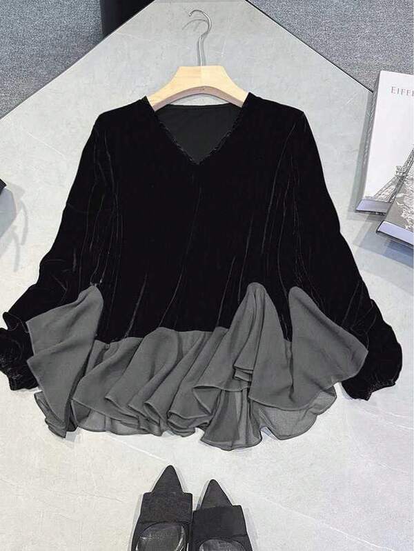 Plus Size Casual Corduroy Patchwork Ruffle Trim Long Sleeve Blouse, Fall Top