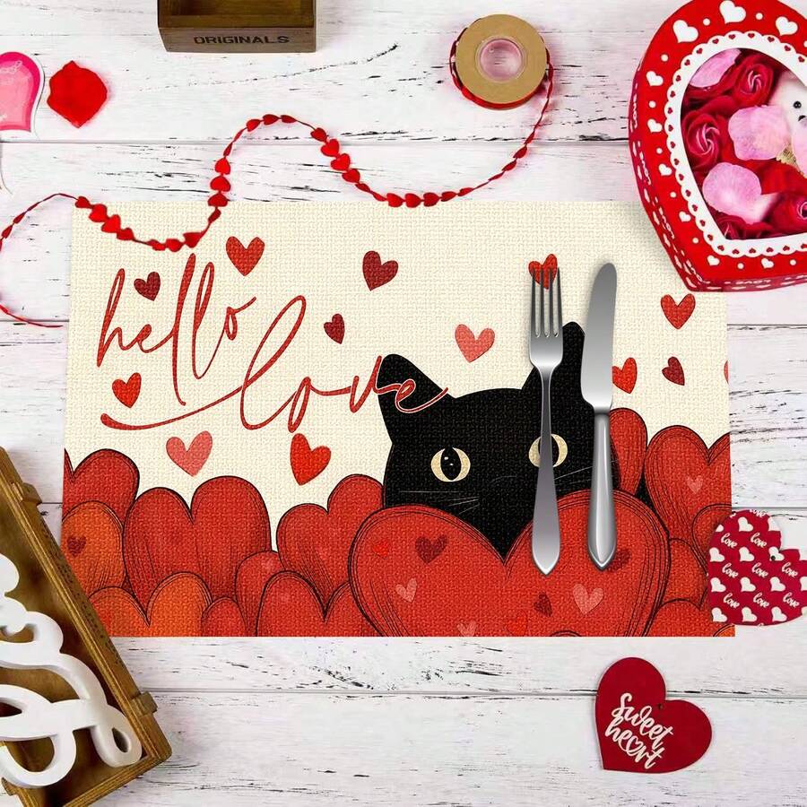 1/4/6件装情人节主题黑猫与“Hello Love”爱心印花装饰餐垫，100%亚麻印花桌垫/咖啡杯垫，可手洗 - 适用于餐桌、餐厅、生日派对装饰、家居装饰 - 彩色 - 查看 1
