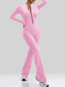 Aaseow Women Jumpsuits Long Sleeve Yoga Slim Fit Stretch One Piece Romper Fitness Female Black Basic Sportwears Tight Zipper - Pink - View 4