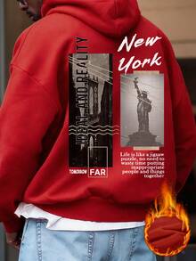 K-GLORY 男士休闲街头时尚趣味拼贴纽约地标印花连帽卫衣，秋冬款 - 紅色 - 查看 4