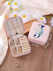 1 Peça Caixa de Joias Minimalista com Floral e Letra, Caixa de Joias Portátil de PU para Viagens de Verão, Mini Organizador de Joias para Brincos, Colares, Anéis, Exibição e Armazenamento de Joias, Caixa de Joias de Grande Capacidade, Adequada para Presentes do Dia das Mães, Natal, Halloween, Organizador de Joias Feminino, Essencial de Viagem, Armazenamento de Dormitório de Volta às Aulas - Rosa chiclete - Visão 25