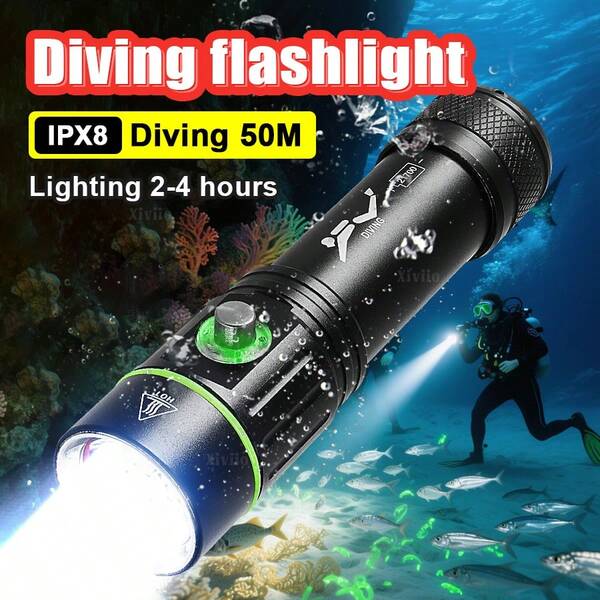 Super Bright Diving Flashlight 18650 Battery Underwater High Power Lighting IPX8 Waterproof Ultra Long Life Underwater Light For Diving, Fishing, Fishing, Hunting Lantern