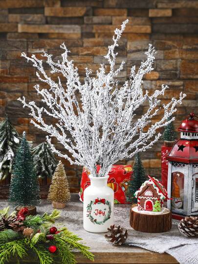 4 件装白色草雪松枝仿真花人造植物婚礼装饰派对用品圣诞装饰，干树枝和花瓶树枝塑料枯枝茎挑选圣诞节装饰婚礼家居派对用品冬季装饰、房间装饰的桌面中心装饰