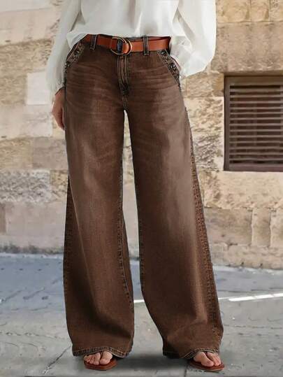 New Women's Vintage Button-Wash Wide Leg Casual Denim Jeans In Brown - High Quality, Stylish And Comfortable