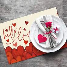 1/4/6件装情人节主题黑猫与“Hello Love”爱心印花装饰餐垫，100%亚麻印花桌垫/咖啡杯垫，可手洗 - 适用于餐桌、餐厅、生日派对装饰、家居装饰 - 彩色 - 查看 5