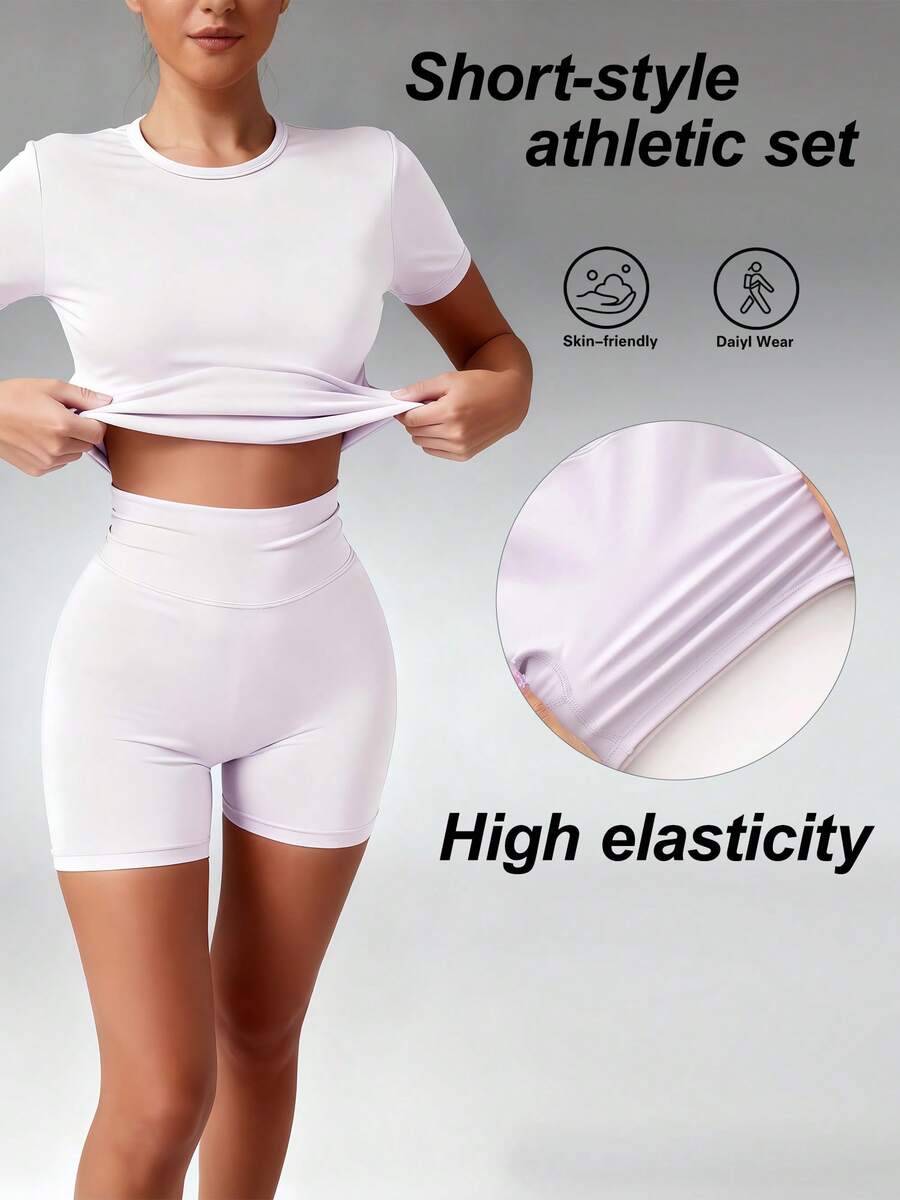 2PCS Women's Simple Solid Color Short Sleeve Shorts Sports Suit - Mauve Purple - View 1