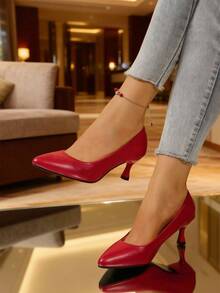 Red Elegant Pumps, Gentle Autumn Casual Kitten Heel Pointed Toe Slip-On Shoes For Women - Red - View 1