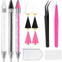 13 Pcs Rhinestone Picker Tool - 3 Pcs Dual-Head Pens With 6 Wax Tips 15 Pcs Clay Precision Curved And Straight Tweezers Kit For Picking Up Nail Art Gems Stones Crystals And Nail Charms - 彩色 - 查看 1